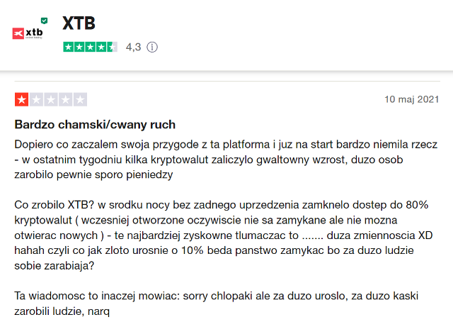 Negatywna opinia o kryptowalutach XTB